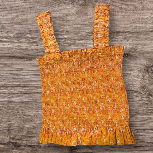WAYF Smocked Ruffle Hem Top, Orange Yellow Floral Print 100% Cotton, Size Medium - Picture 2 of 12